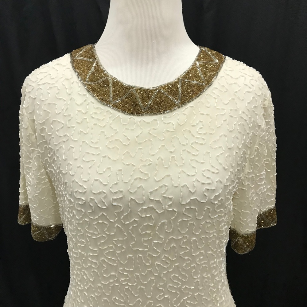 Stenay Size 8 Vintage Beaded Dress Ivory Gold - Picture 5 of 8